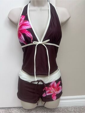 Brown Halter Tankini with Pink Floral Accent